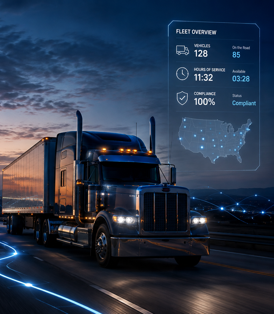 Fleet of semi-trucks parked in a well-lit depot
