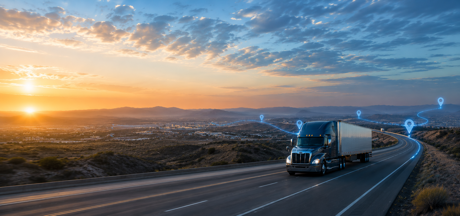 Large freight truck on open highway at golden hour, wide open road, dramatic sky, warm amber light